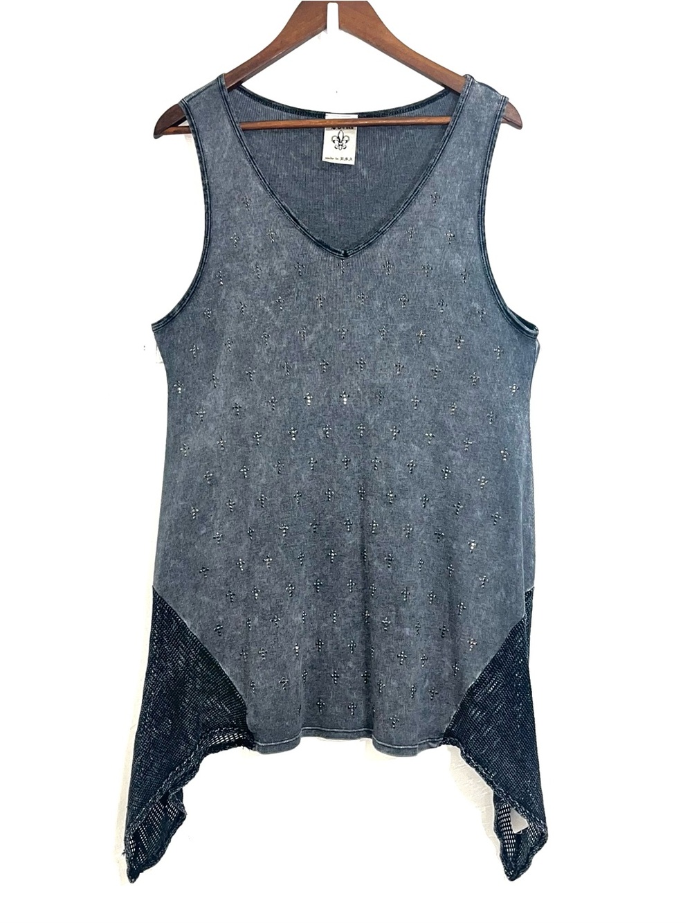 Vocal USA Gray Rhinestone Embellished Sharkbite Hem Tank Top 2XL